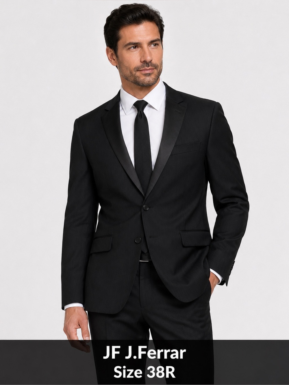 JF J.Ferrar Men’s Black Slim Fit Blazer Sport Coat Size 38R Satin Lapel evening